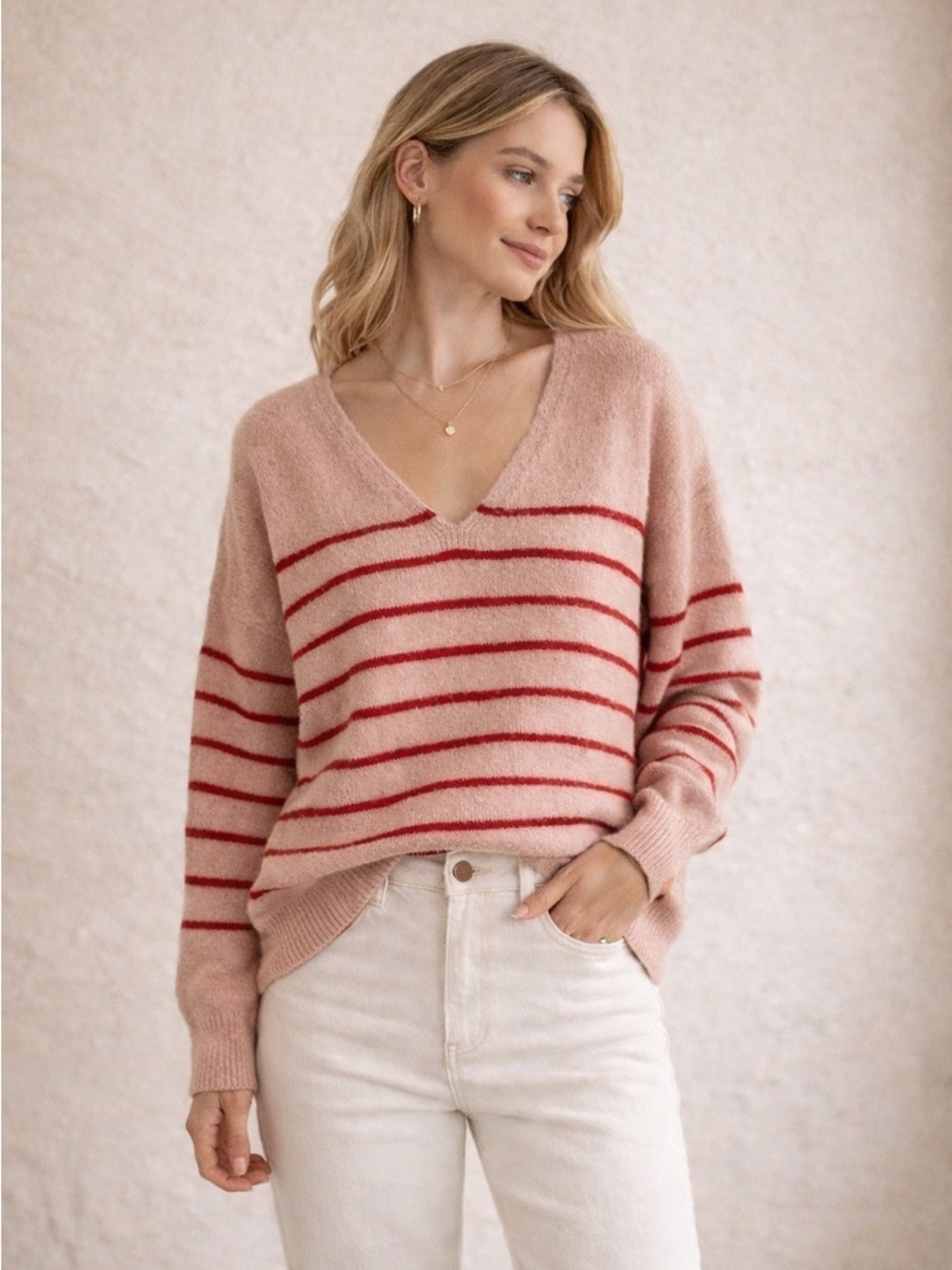 Madewell Striped V Neck Sweater Blush Red Relaxed Knit Top M